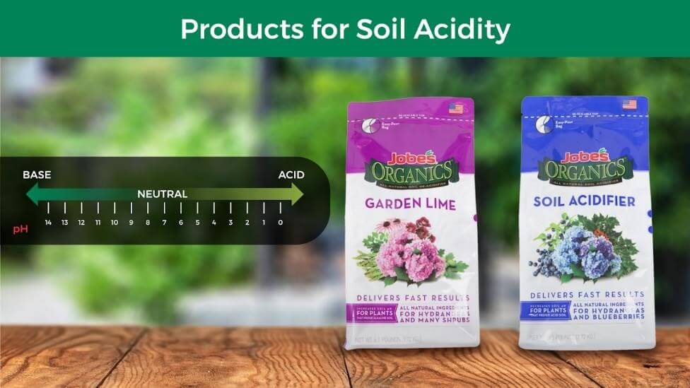 Products for Soil Acidity: Garden Lime and Soil Acidifier, with a graphic of a pH Scale next to them.