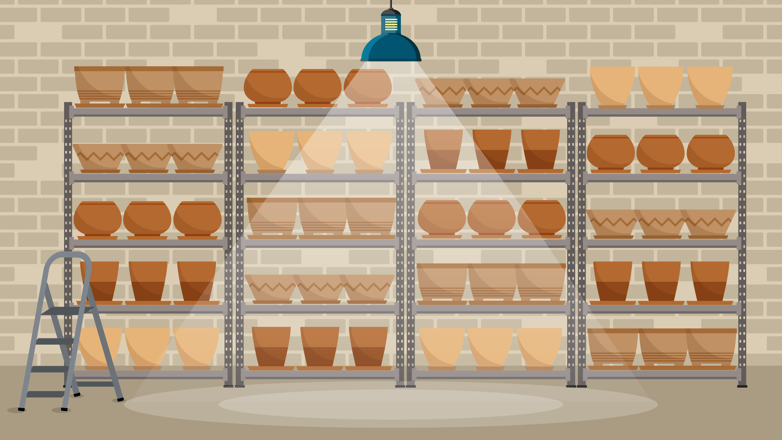 Illustration of pots stacked neatly on shelves.