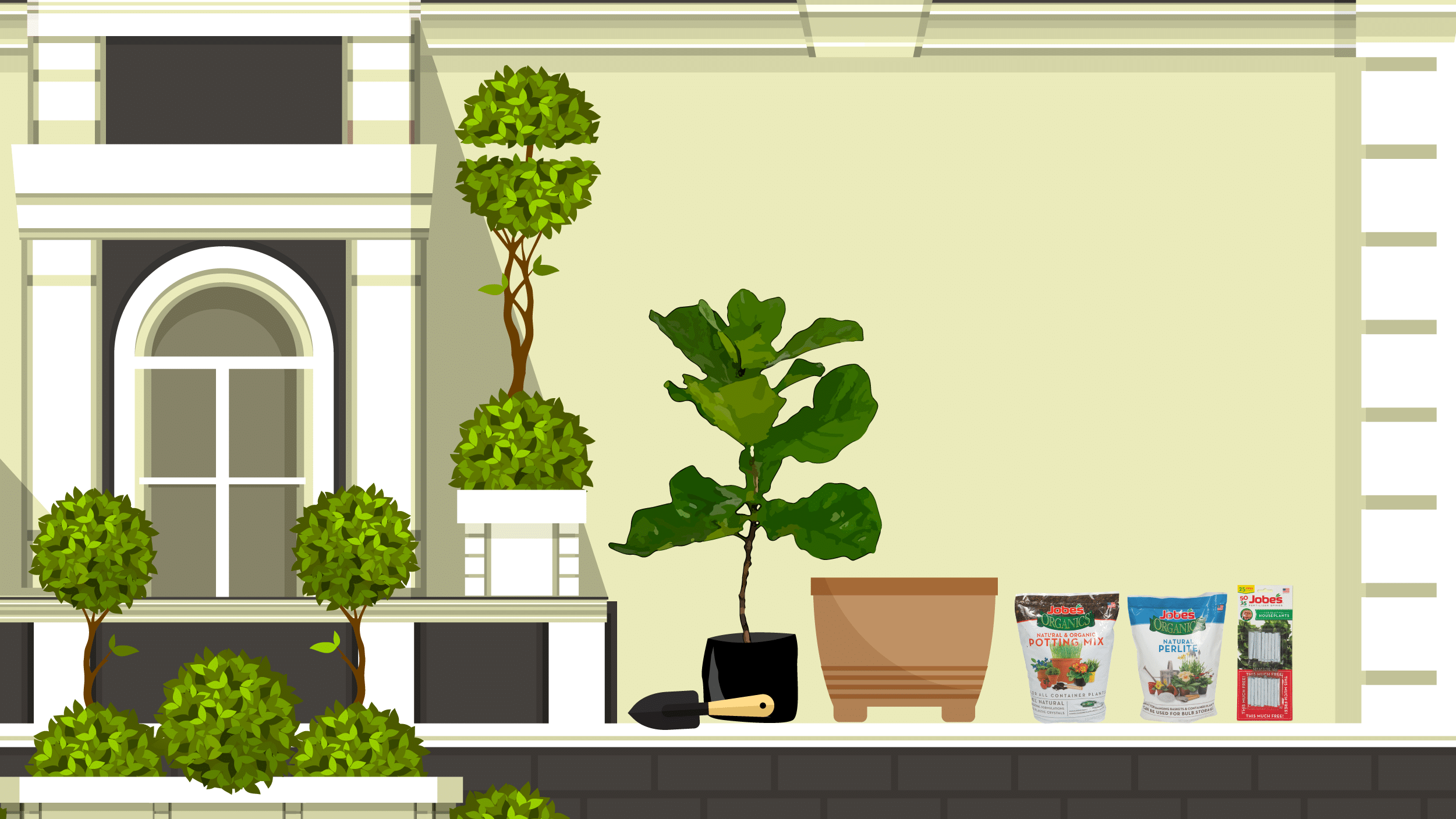 Illustration of an outdoor area featuring a fiddle-leaf fig, a new pot, and a fresh bag of soil. 