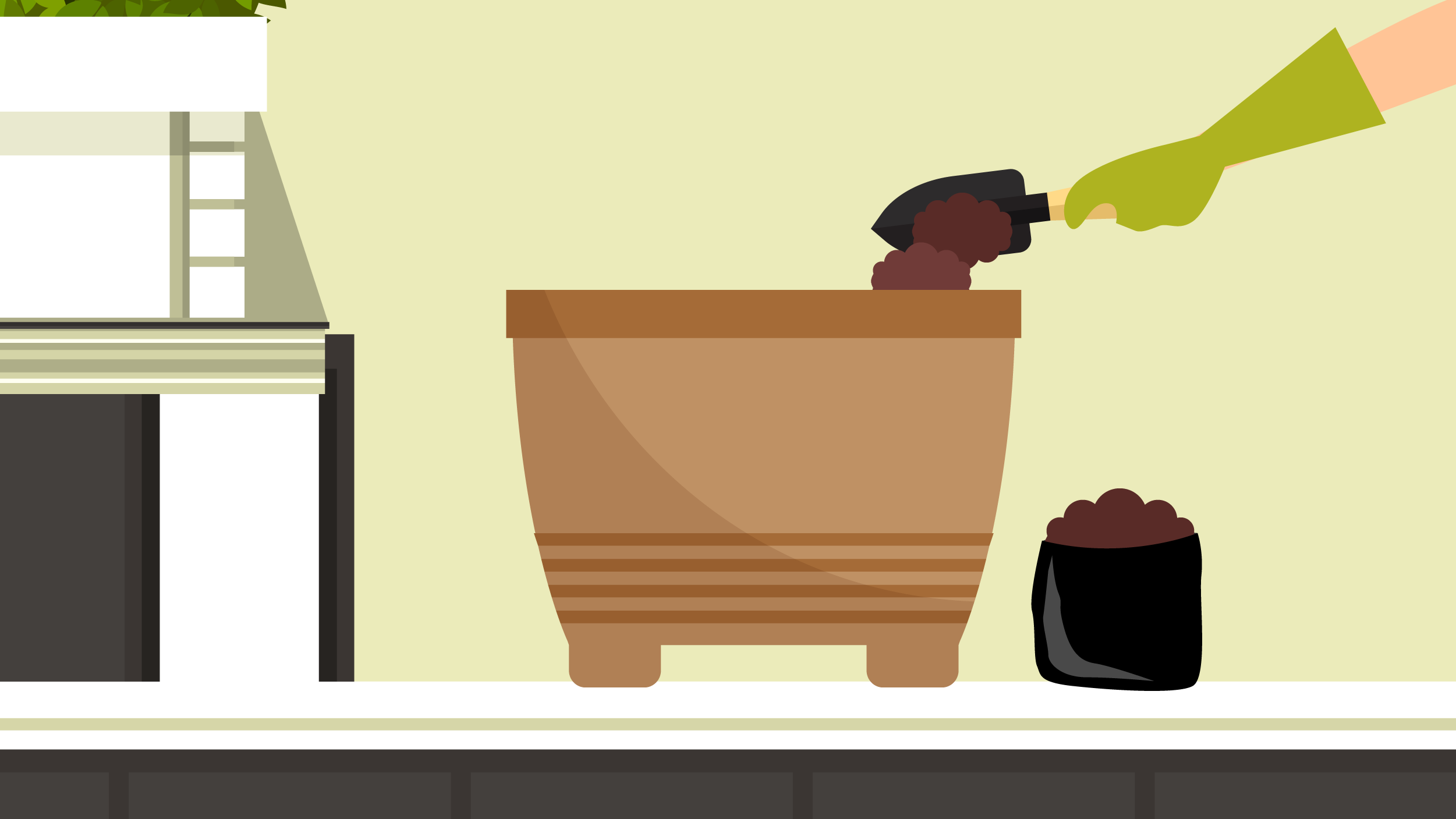 Illustration of a gardener poring Jobe's fertilizer into an empty pot with a gardening shovel. 